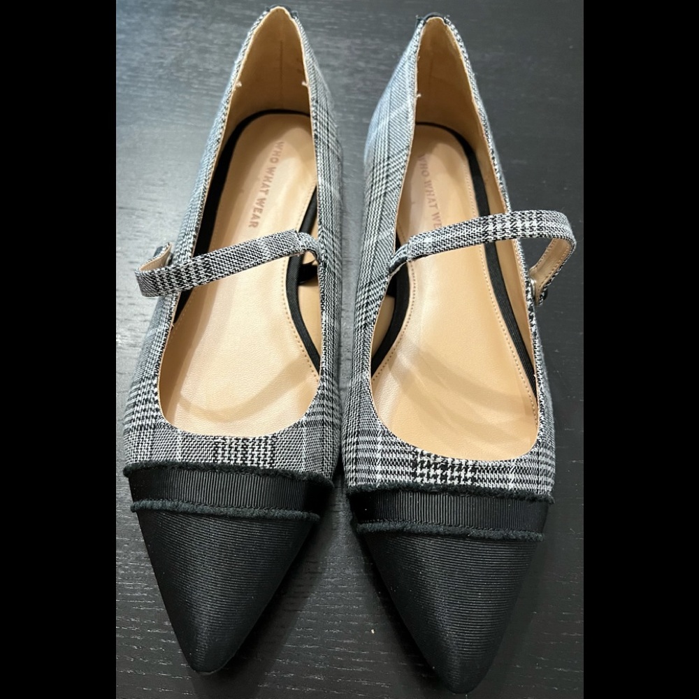 Grey Glen Plaid Pattern/Black Pointed Cap-toe Ballet Mary-Jane Flats